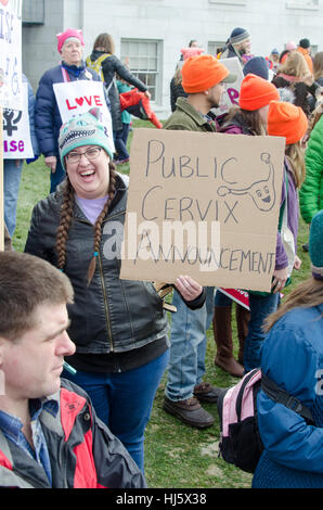 Augusta, Maine, USA. 21st Jan, 2017. Women’s March on Maine rally in front of the Maine State Capitol. The March on Maine is a sister rally to the Women’s March on Washington. Credit: Jennifer Booher/Alamy Live News Stock Photo