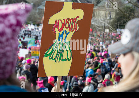 Seattle, United States. 21st Jan, 2017. Seattle, Washington: Pre-march rally at Judkins Park. Over 100,000 supporters attended the Womxn's March on Seattle on January 21, 2017 in solidarity with the national Women's March on Washington, DC The mission of the silent march is to bring diverse women together for collective action. Credit: Paul Gordon/Alamy Live News Stock Photo