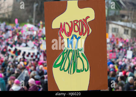 Seattle, United States. 21st Jan, 2017. Seattle, Washington: Pre-march rally at Judkins Park. Over 100,000 supporters attended the Womxn's March on Seattle on January 21, 2017 in solidarity with the national Women's March on Washington, DC The mission of the silent march is to bring diverse women together for collective action. Credit: Paul Gordon/Alamy Live News Stock Photo