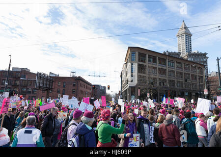 Seattle, United States. 21st Jan, 2017. Seattle, Washington: Supporters pass through Pioneer Square. Over 100,000 people attended the Womxn's March on Seattle on January 21, 2017 in solidarity with the national Women's March on Washington, DC The mission of the silent march is to bring diverse women together for collective action. Credit: Paul Gordon/Alamy Live News Stock Photo