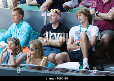 Melbourne, Australia. 22nd Jan, 2017. Alexander Zverev (R) of Germany, his parents and athletic coach Jaz Green in Mischa Zverevs players box during the match against world number one Andy Murray at the 2017 Australian Open at Melbourne Park in Melbourne, Australia. (Photo by Frank Molter) Credit: Frank Molter/Alamy Live News Stock Photo