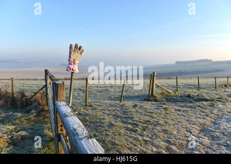 Brighton Sussex, UK. 22nd Jan, 2017. An abandoned glove on a frosty and misty morning on the South Downs near Brighton as the cold weather continues throughout southern Britain with temperatures forecast to drop to minus 5 centigrade in some areas Credit: Simon Dack/Alamy Live News Stock Photo