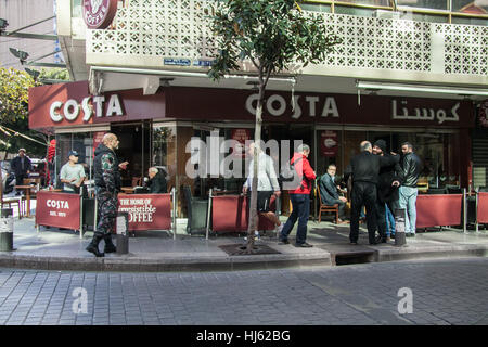 Beirut Lebanon. 22nd January 2017. Customers enjoying a sunday at Costa a day after a suspected bomber was stopped by Lebanese security forces on Saturday evening as he attempted to enter the Costa cafe  in the busy Al Hamra Street in Beirut before he was able to detonate his explosive vest Credit: amer ghazzal/Alamy Live News Stock Photo