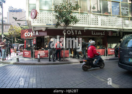 Beirut Lebanon. 22nd January 2017. Customers enjoying a sunday at Costa a day after a suspected bomber was stopped by Lebanese security forces on Saturday evening as he attempted to enter the Costa cafe  in the busy Al Hamra Street in Beirut before he was able to detonate his explosive vest Credit: amer ghazzal/Alamy Live News Stock Photo