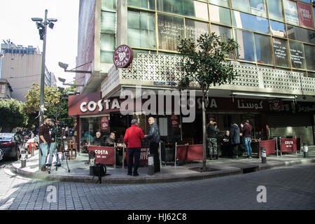 Beirut Lebanon. 22nd January 2017. Customers enjoying a sunday at Costa a day after a suspected bomber was stopped by Lebanese security forces on Saturday evening as he attempted to enter the Costa cafe  in the busy Al Hamra Street in Beirut before he was able to detonate his explosive vest Credit: amer ghazzal/Alamy Live News Stock Photo
