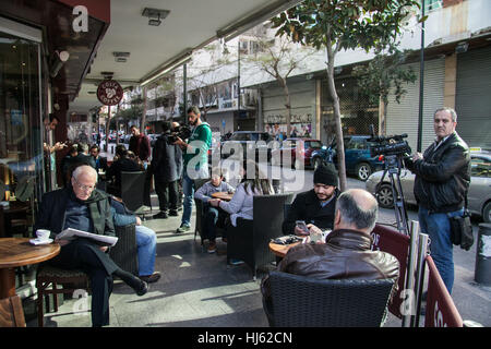 Beirut Lebanon. 22nd January 2017. Customers enjoying a sunday at Costa a day after a suspected bomber was stopped by Lebanese security forces on Saturday evening as he attempted to enter the Costa cafe  in the busy Al Hamra Street in Beirut before he was able to detonate his explosive vest Credit: amer ghazzal/Alamy Live News Stock Photo