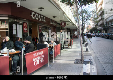 Beirut Lebanon. 22nd January 2017. Customers enjoying a sunday at Costa a day after a suspected bomber was stopped by Lebanese security forces on Saturday evening as he attempted to enter the Costa cafe  in the busy Al Hamra Street in Beirut before he was able to detonate his explosive vest Credit: amer ghazzal/Alamy Live News Stock Photo