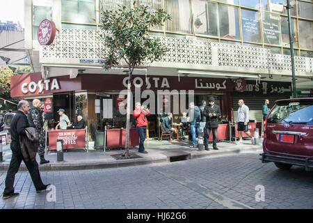 Beirut Lebanon. 22nd January 2017. Customers enjoying a sunday at Costa a day after a suspected bomber was stopped by Lebanese security forces on Saturday evening as he attempted to enter the Costa cafe  in the busy Al Hamra Street in Beirut before he was able to detonate his explosive vest Credit: amer ghazzal/Alamy Live News Stock Photo