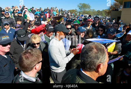 San Diego, USA. 25th Jan, 2017. Tiger Woods  signs autographs after playing in the Pro-Am of the Farmers Insurance Open at Torrey Pines Golf Course. Credit: K.C. Alfred/San Diego Union-Tribune/ZUMA Wire/Alamy Live News Stock Photo