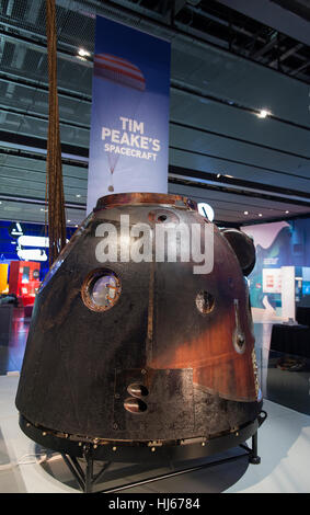 Science Museum, London, UK. 26th January, 2017. Tim Peake’s spacecraft - Soyuz TMA-19M  - is now on free public display at the Science Museum. The UK’s first ESA astronaut was at the Museum to unveil Soyuz TMA-19M where it was announced that he will go into space for a second time. © Malcolm Park editorial/Alamy Live News. Stock Photo