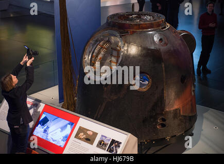 Science Museum, London, UK. 26th January, 2017. Tim Peake’s spacecraft - Soyuz TMA-19M  - is now on free public display at the Science Museum. The UK’s first ESA astronaut was at the Museum to unveil Soyuz TMA-19M where it was announced that he will go into space for a second time. © Malcolm Park editorial/Alamy Live News. Stock Photo