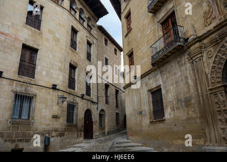 Traditional architecture in Sos del Rey Catolico. On the right can be seen the Town Hall. Stock Photo