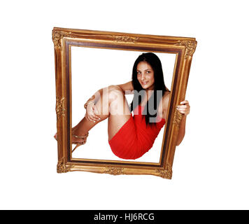 isolated, portrait, vertical, picture frame, put, sitting, sit, laugh, laughs, Stock Photo