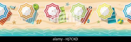 Seamless beach resort panorama with colorful beach umbrellas Stock Vector