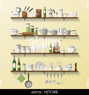 Kitchen shelves with dishes and pots Stock Vector