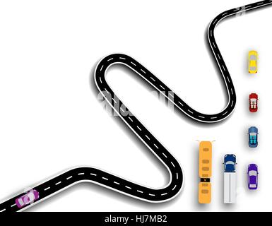 Winding road with white markings. Auto Set. Buses, trucks and cars. 3d. illustration Stock Vector