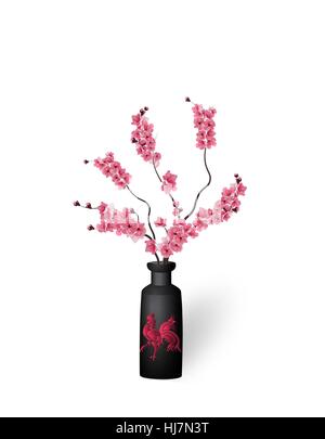 Ikebana. Composition. Figure branches Sakura flower. On a white background with shadow. illustration Stock Vector