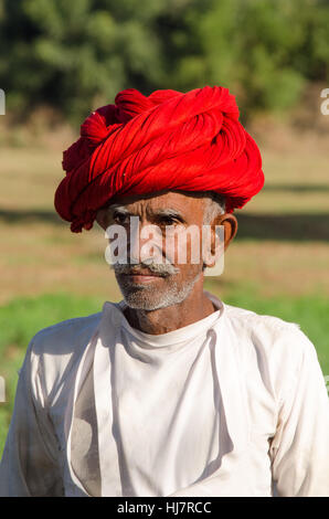 Closeup portrait of a Rajasthani senior citizen in his farm wearing red traditional turban Stock Photo