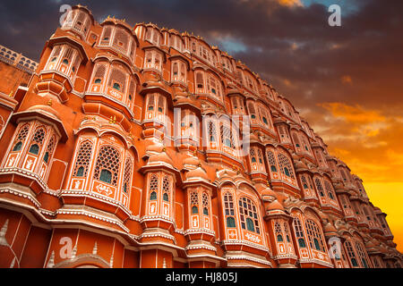 Hawa Mahal - a five-tier harem wing of the palace complex of the Maharaja of Jaipur, built of pink sandstone in the form of the crown of Krishna Stock Photo