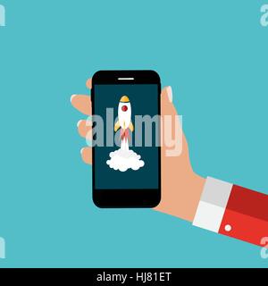 Hand with Abstract Mobile Phone and Rocket as Start Up. Template Stock Vector