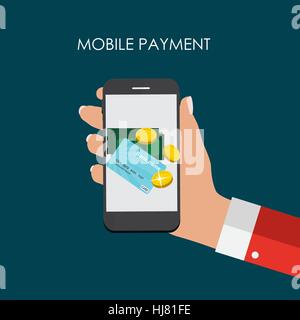 Hand with Abstract Phone and Mobile Payment Concept. Template in Stock Vector