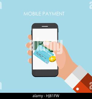 Hand with Abstract Phone and Mobile Payment Concept. Template in Stock Vector