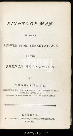 Title page from ‘Rights of Man’ by Thomas Paine (1736-1809) English-American political writer, revolutionary and one of the founding fathers of the United States of America. The book contains Paine’s defence of the French Revolution against Edmund Burke opposition. See description for more information. Stock Photo