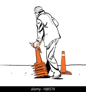 Road worker puts traffic cones Stock Vector Image & Art - Alamy