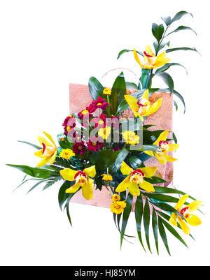 Bright flower bouquet in basket isolated over white background Stock Photo