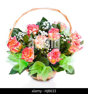 Bright flower bouquet of roses in basket isolated over white background Stock Photo