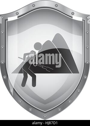 metallic shield of farmer with mattock in the mountain vector illustration Stock Vector