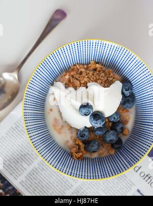 Morning Breakfast Granola Bowl. Yoghurt & Blueberries Stock Photo