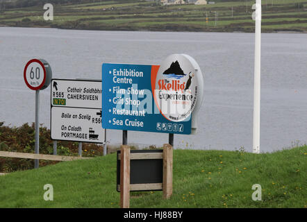 Sign at The Skellig Experience Visitor Centre on Valentia Island, County Kerry, Ireland. Stock Photo