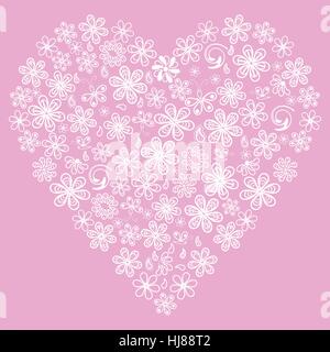 Love concept of lots of flowers in the shape of a heart on pink background. Adult anti stress coloring page. Black and white illustration for coloring Stock Vector