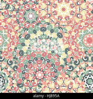 Seamless colorful ethnic pattern with mandalas in oriental style. Round doilies with green, red and yellow curls and swirls weaving in arabesque traditional lace ornament. Vector illustration. Stock Vector