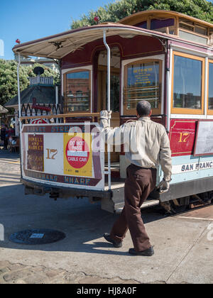 Turning a San Francisco cable car at the end of the line Stock Photo