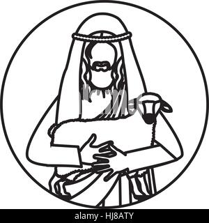 circular shape with silhouette half body jesus carrying a sheep vector illustration Stock Vector