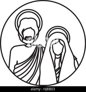 circular shape with silhouette half body virgin mary and saint joseph vector illustration Stock Vector