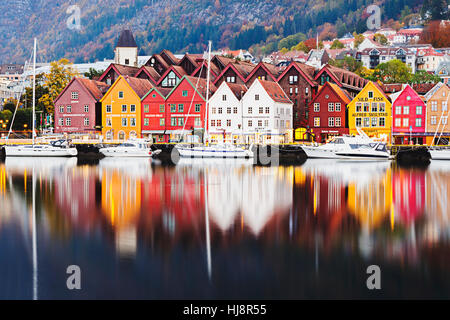 Multi-colored buildings along waterfront, Bergen, Norway Stock Photo