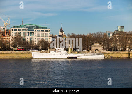 HQS Wellington, home of the Honourable Company of Master Mariners, moored at Temple Stairs, Victoria Embankment, London WC2 Stock Photo