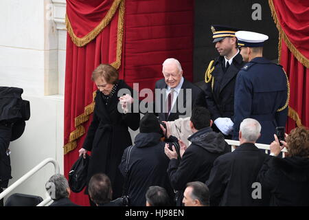 Former President Jimmy Carter and wife Rosalynn Carter arrive for the President Inaugural Ceremony on Capitol Hill January 20, 2017 in Washington, DC. Donald Trump became the 45th President of the United States in the ceremony. Stock Photo