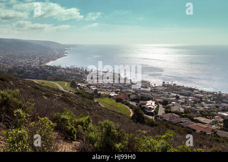 Coastline of Laguna Beach from an aerial view that shows Main Beach in Southern California, USA Stock Photo