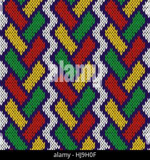 Intertwining geometric lines in red, green, yellow and blue colors over white background, seamless knitting vector pattern as a fabric texture Stock Vector