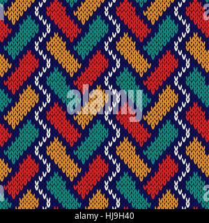 Intertwining geometric lines in red, turquoise, orange, blue and white colors, seamless knitting vector pattern as a fabric texture Stock Vector