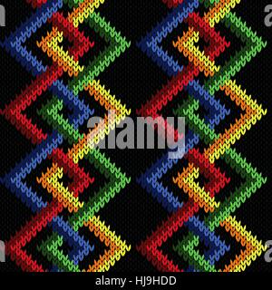 Intertwining geometric lines in red, green, yellow, orange and blue colors over black background, seamless knitting vector pattern as a fabric texture Stock Vector