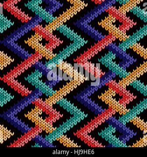 Intertwining geometric lines in red, pink, beige, orange, turquoise and blue colors over black background, seamless knitting pattern as a fabric textu Stock Vector