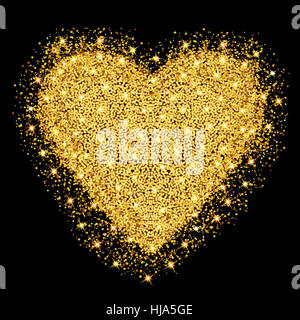 Happy Valentines day greeting card. Gold heart with glitter stars and particles. Vector illustration. Stock Photo