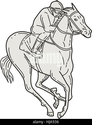 mono line style illustration of a jockey riding a