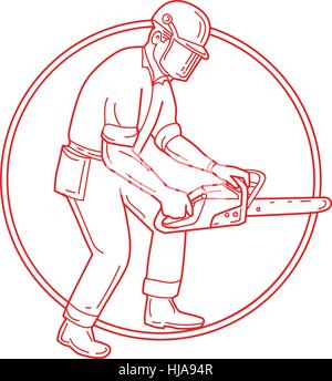 Mono line style illustration of lumberjack arborist tree surgeon wearing helmet protective gear holding operating a chainsaw viewed from the side set Stock Vector