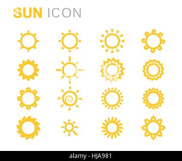 Vector yellow sun icons set on white background Stock Vector